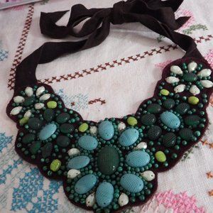 BoHo Floral Beaded Bib Statement Necklace on Leather Suede